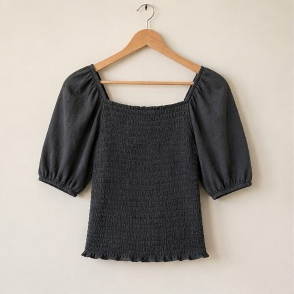 Charcoal Smocked Puff Sleeve Top